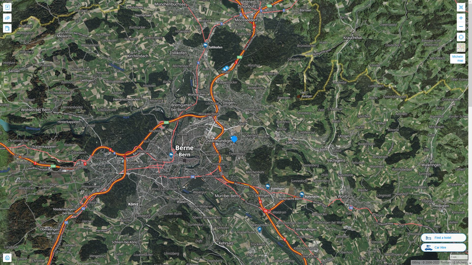 Ostermundigen Suisse Autoroute et carte routiere avec vue satellite